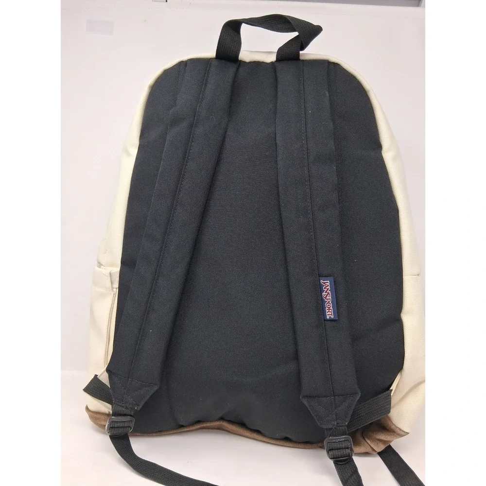 JanSport Right Pack Cream Canvas Backpack Brown Suede Bottom School Bag